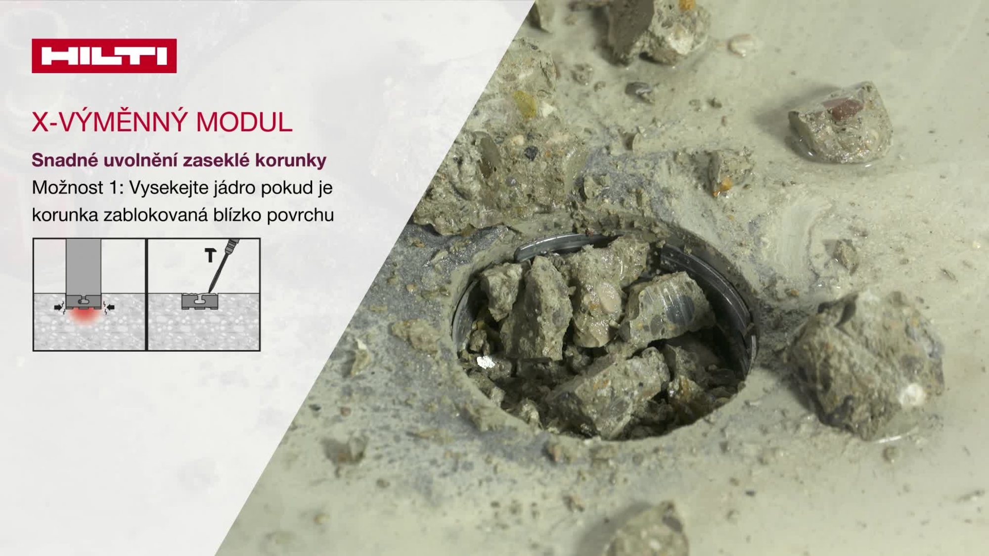 Video návod: jak snadno uvolnit mělce zaseknutou jádrovou vrtací korunku díky X-výměnnému modulu, česky