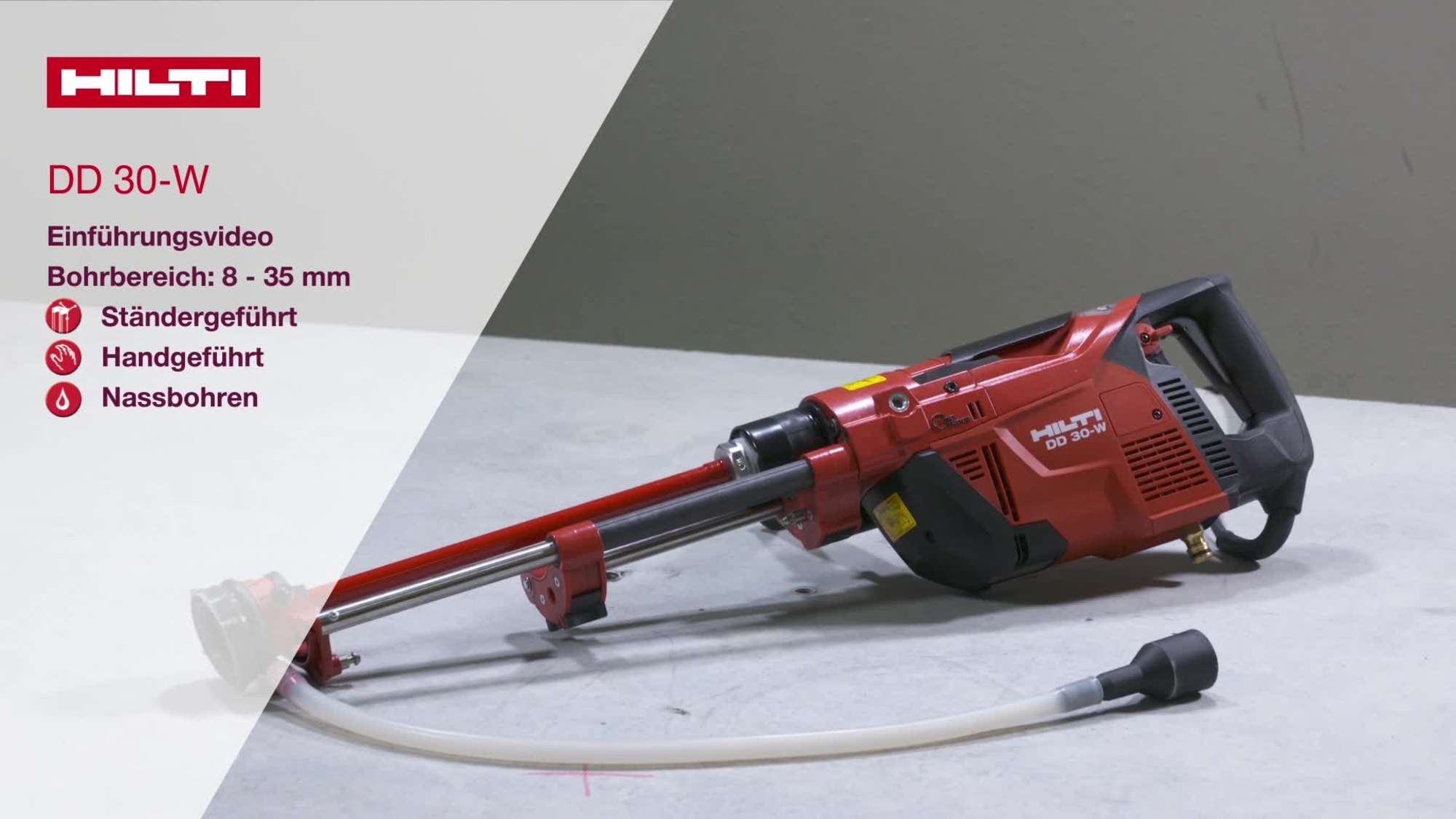 Anleitungsvideo: Wir erläutern, wie einfach Sie das komplette DD&nbsp;30-W Bohrsystem, inkl. Motor, Bohrkrone und Wassermanagement, einrichten und das erste Bohrloch bohren können.