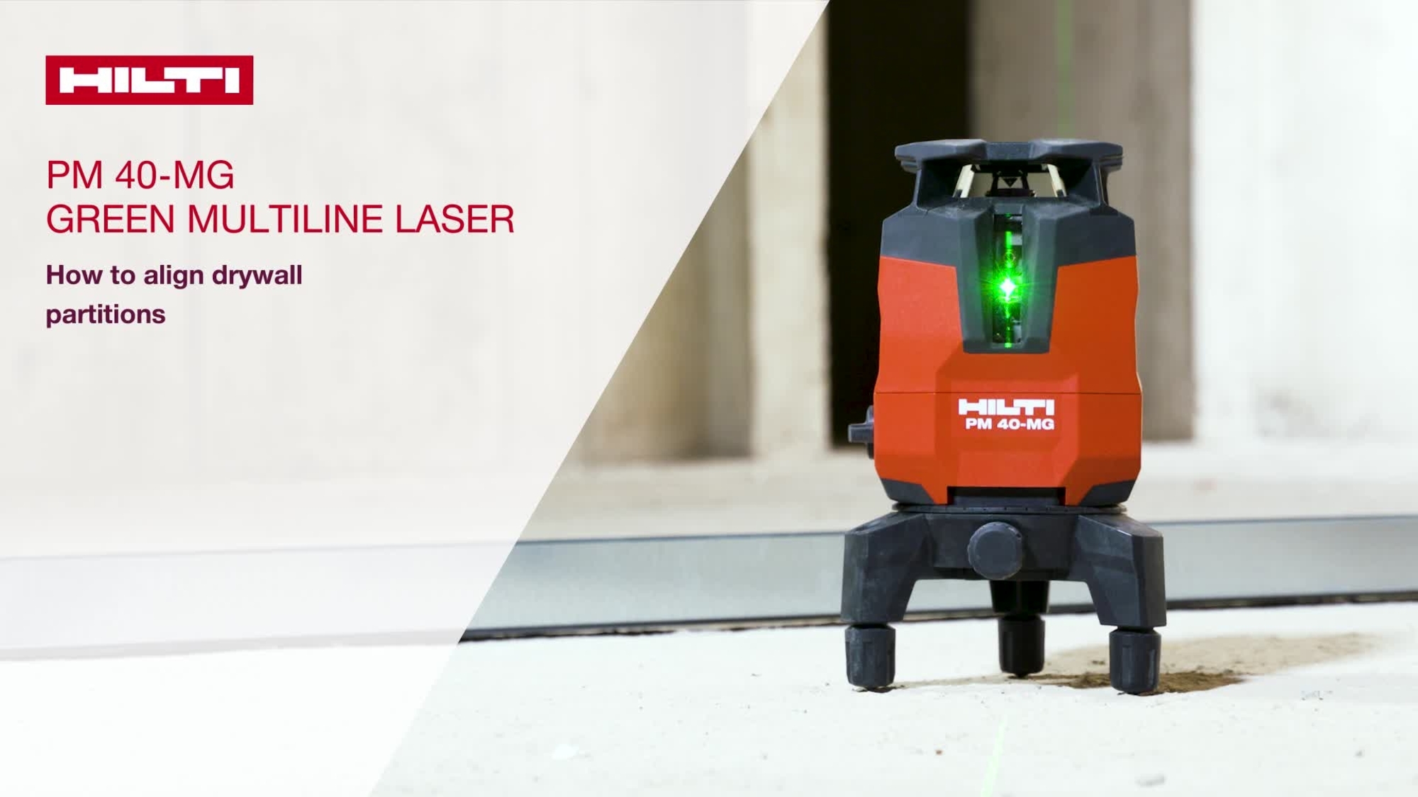 Align drywall using the PM 40-MG green multiline laser. Use the receiver for efficient one person operation when squaring.