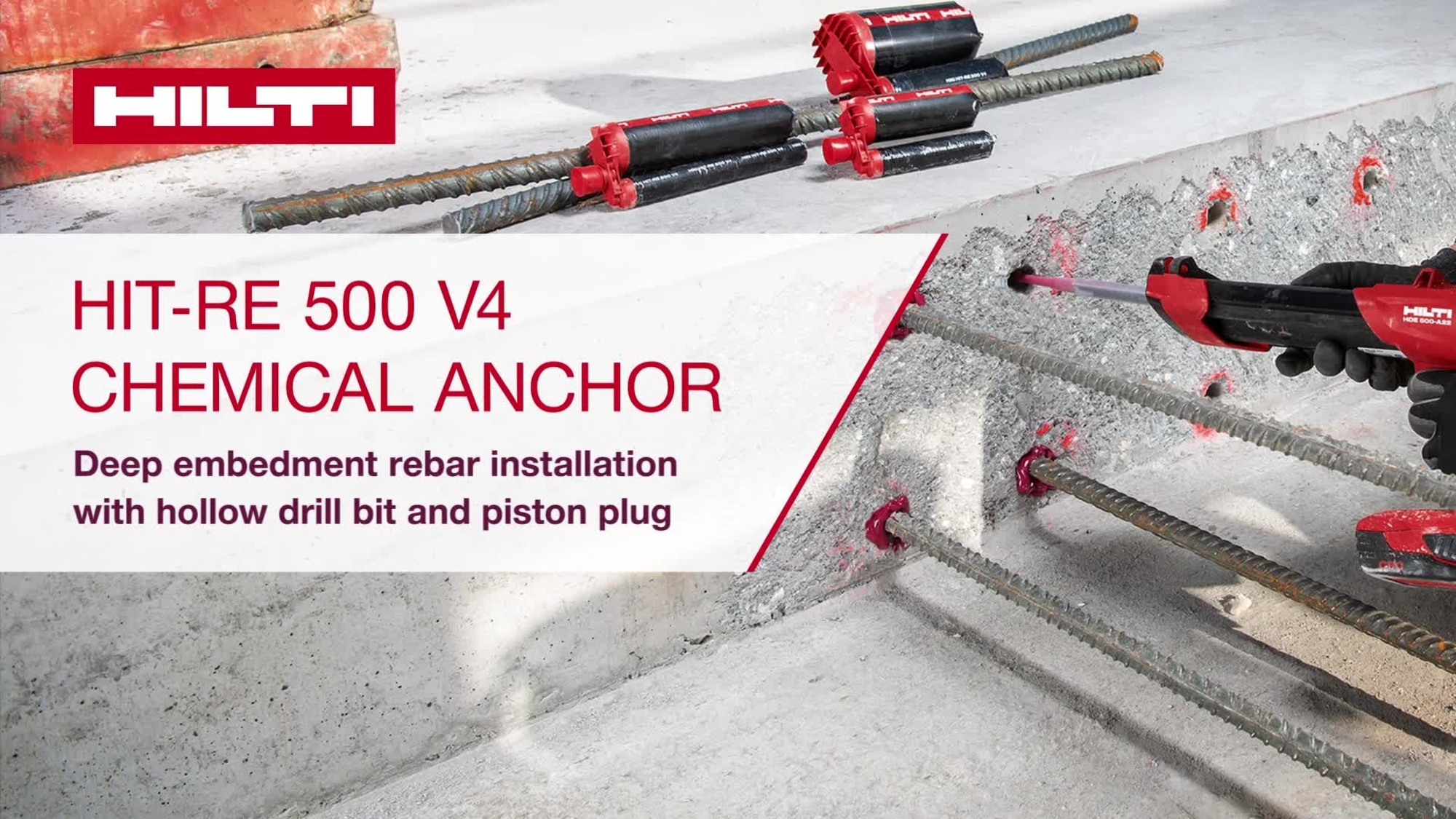 RE 500 V4 deep embedment rebar installation with hollow drill bit and piston plug with hollow drill bit and piston plug