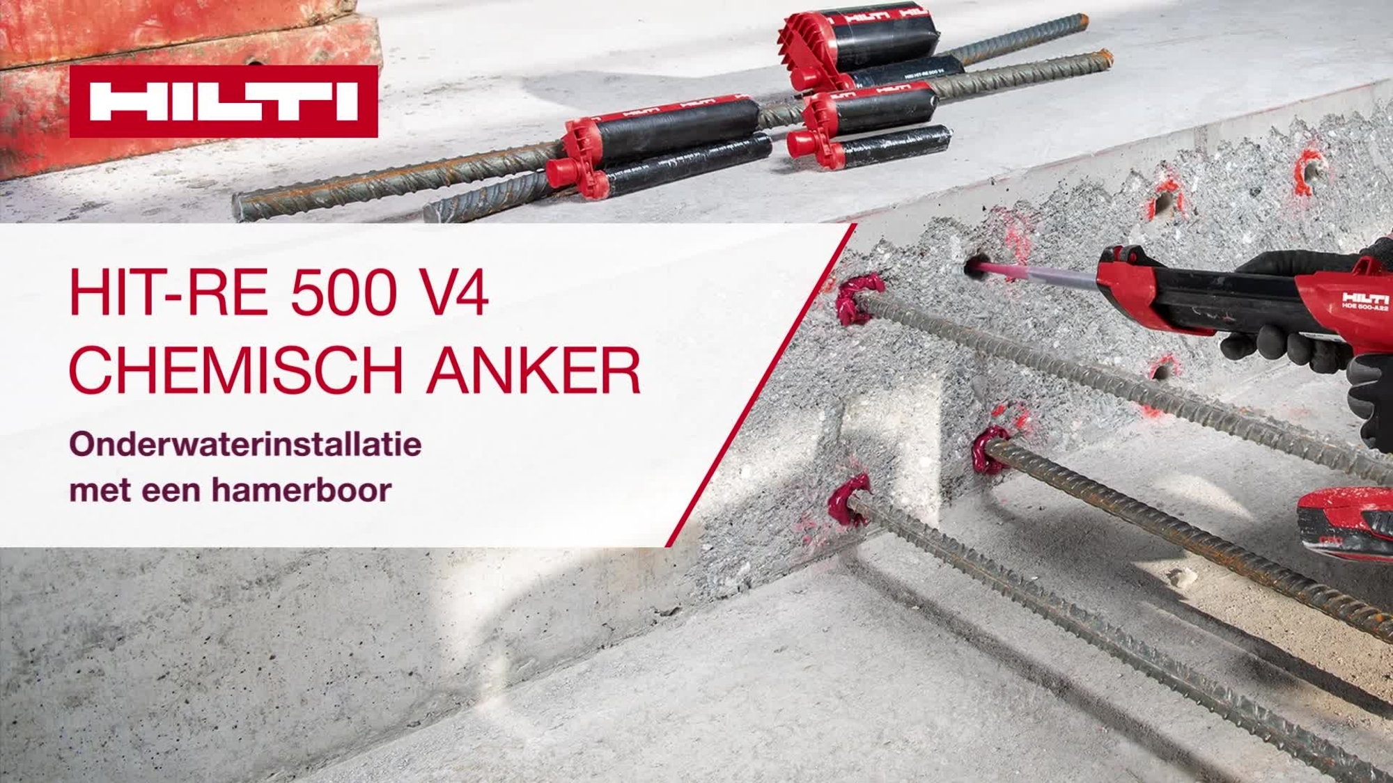 Onderwaterinstallatie RE500 V4 met hamerboor, holle boor en plunjerplug.