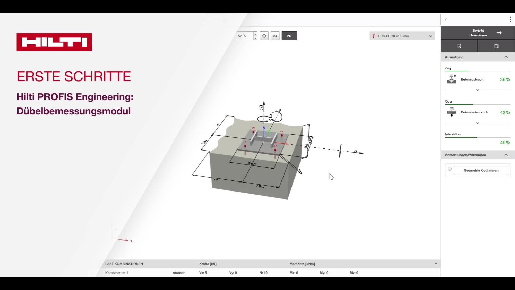 Video tutorial how-to: istruzioni sulle fasi della progettazione veloce e accurata dei fissaggi dei tasselli nel calcestruzzo usando Hilti PROFIS Engineering.
