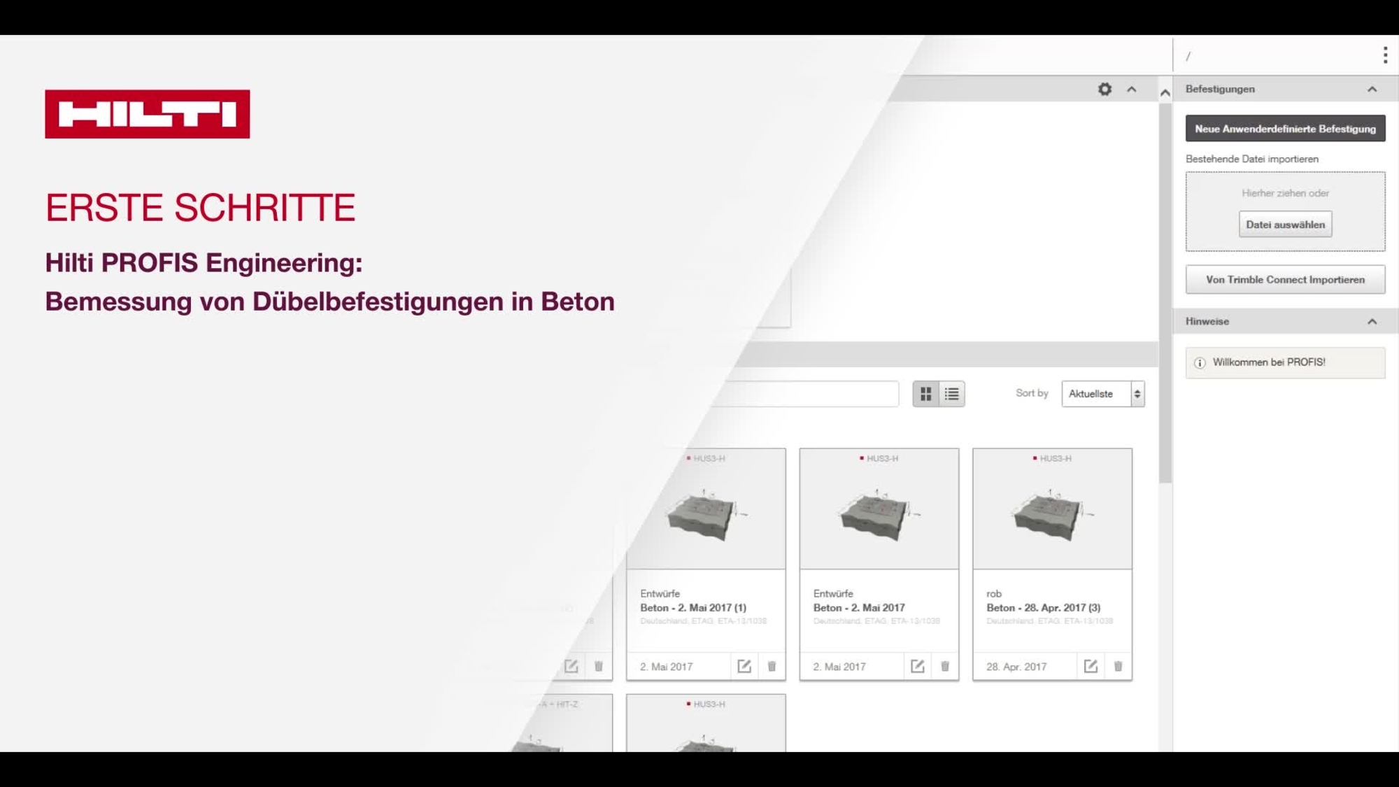 Video tutorial how-to: istruzioni sulle funzioni e impostazioni di Hilti PROFIS Engineering e su come personalizzare la vostra progettazione, modificare le caratteristiche del calcestruzzo e quelle della piastra di base.