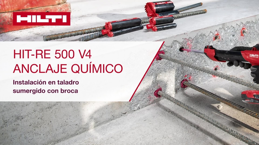 Utilización del producto RE 500 V4 para la instalación bajo el agua con V4 con broca para taladro con percusión, broca hueca y conector de pistón.