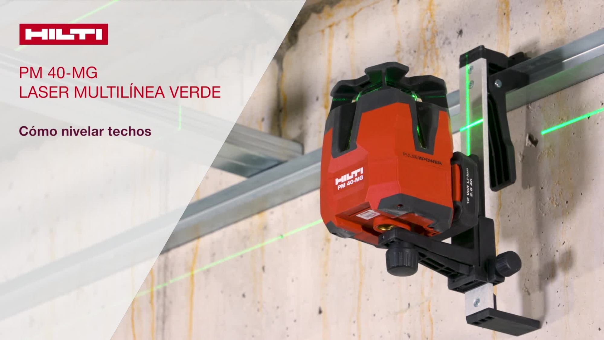 Nivele techos suspendidos con el láser de múltiples líneas de color verde PM 40-MG. Use el soporte de pared para fijar la herramienta al perfil del techo. Use la diana de color verde para nivelar el techo.