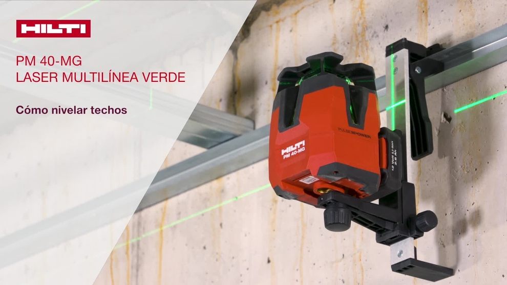 Nivele techos suspendidos con el láser de múltiples líneas de color verde PM 40-MG. Use el soporte de pared para fijar la herramienta al perfil del techo. Use la diana de color verde para nivelar el techo.