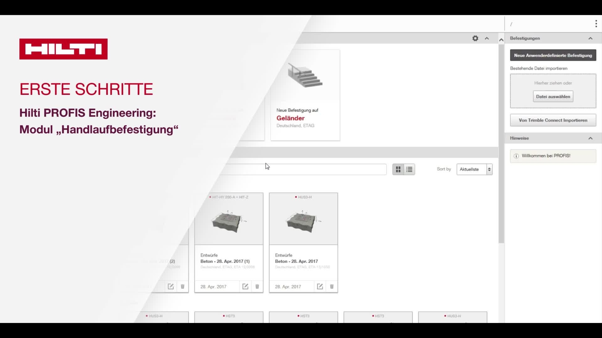 Video tutorial how-to: istruzioni sulle fasi della progettazione dei fissaggi delle ringhiere nel calcestruzzo. Scegliete dove fissare la ringhiera e vi mostreremo come Hilti PROFIS Engineering applicherà automaticamente i carichi per la vostra zona.