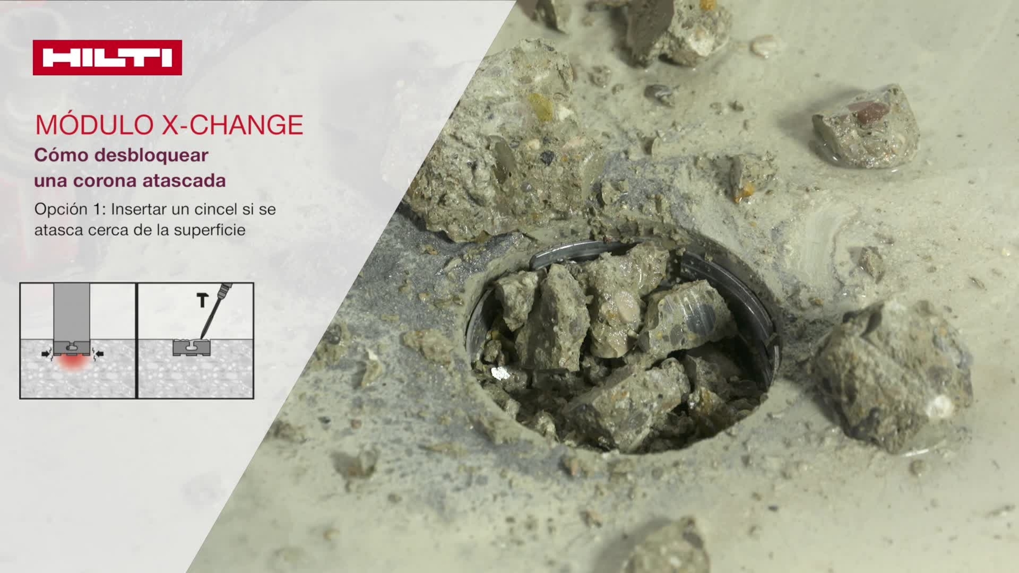 Vídeo tutorial de instrucciones: cómo desatascar fácilmente la broca corona de baja profundidad con un módulo X-Change, español