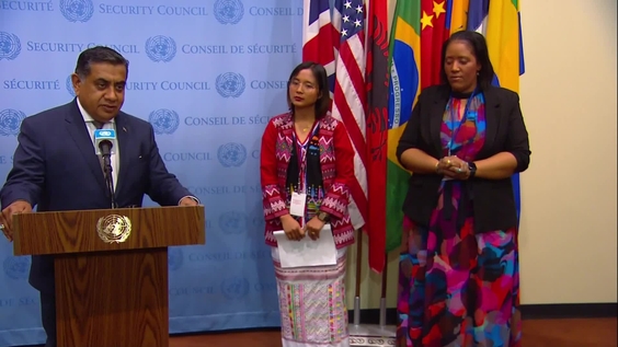 Tariq Ahmad of Wimbledon (United Kingdom), Naw Hser Hser (Civil Society Representative) &amp; Nadine (Survivor Champion), on Conflict-Related Sexual Violence-Security Council Media Stakeout