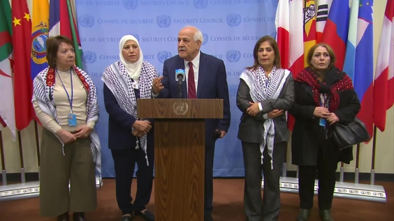 Riyad Mansour (Palestine) and Palestinian Women delegation on the situation in Gaza - Security Council Media Stakeout