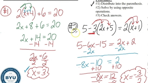 Thumbnail for MATH 100A 5-3 More Linear Equations Part B (Solving  with Parentheses)
