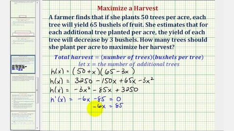Thumbnail for Ex: Optimization - Maximized a Crop Yield (Calculus Methods)