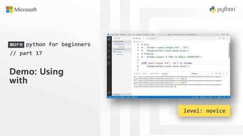 Thumbnail for Demo: Using with | More Python for Beginners [17 of 20]