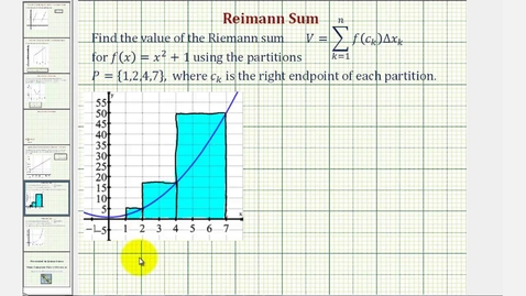 Thumbnail for Ex 1: Riemann Sum Using a Quadratic Function (Right Endpoints and Above x-axis)