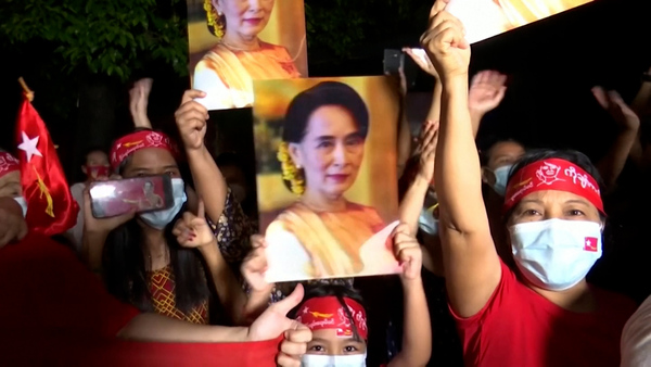 Aung San Suu Kyi Supporters Celebrate Expected Election Victory in Yangon