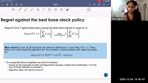 Thumbnail for entry Learning in structured MDPs with convex cost function: improved regret bounds for inventory management, Shipra Agrawal; iDS2