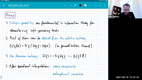 Thumbnail for entry MATH 595 Quantum channels II: Thursday, April 15