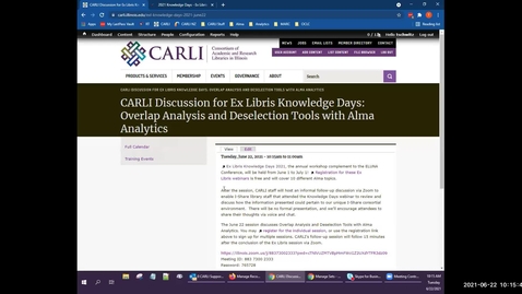 Thumbnail for CARLI Discussion, Ex Libris Knowledge Days: Overlap Analysis and Deselection Tools