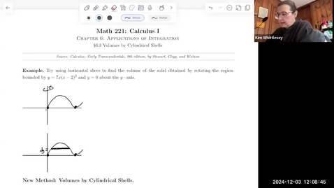 Thumbnail for Part 1 of Lecture on Method of Shells (6.3) from Math 221F24 Dec 3