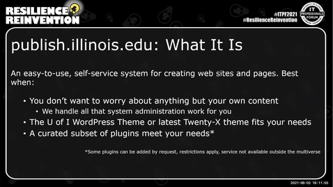 Thumbnail for 6B - Update on Web Hosting Services at Tech Services (PIE, cPanel and Wiki) - Spring 2021 IT Pro Forum