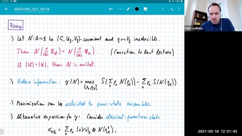 Thumbnail for entry MATH 595 Quantum channels I: Thursday, Mar 18