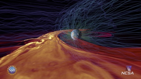 Thumbnail for Solar Superstorms visualization excerpt: Solar Plasma Interacting with Earth’s Magnetic Field