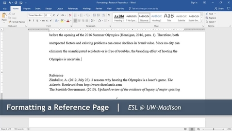 Thumbnail for entry 13 - Formatting a Reference Page: Formatting a Research Paper (Windows)
