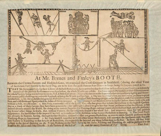 Figure 4. Poster advertising Rope Dancers performing 'At Mr Barmes and Finley's Booth.' Woodcut, ink on paper. London, c. 1700. V&A 2.3925-2009