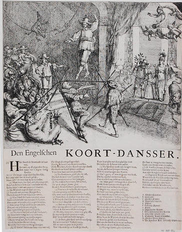 Figure 5. Stoop, Dirk. 1652. Broadside satirising Oliver Cromwell as a rope dancer. Netherlands. The British Museum 1846,0509.50