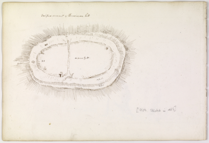 Figure 3. James Skene,'Fortified summit of Dunsinnan hill,' from 'Drawings of the ancient sculptured monuments still standing in Scotland, as they presently appear, 1832,' 67r. Courtesy of Historic Environment Scotland.