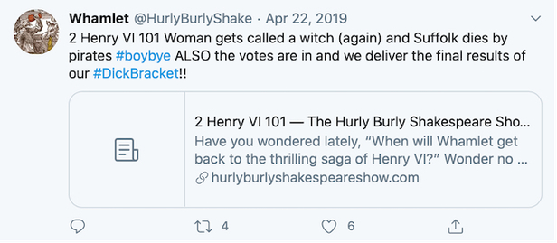 A Hurly Burely Shakespeare Show! tweet from April, 2019