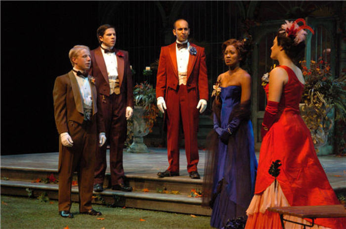 Figure 3. Luke Cieslewicz (Longaville), Nate Grams (Dumaine), Kareem Bandealy, (Berowne), Monet Butler (Princess), and Bethany Caputo (Rosaline)