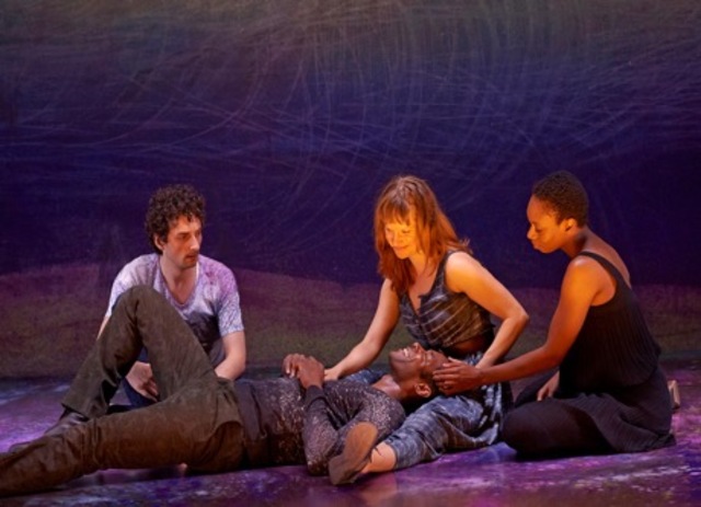 Figure 6. From left Mike Nadajewski, Dion Johnstone, Trish Lindström and Sarah Afful in A Midsummer Night's Dream: A Chamber Play, 2014. Photography by Michael Cooper. Johnstone as Pyramus dies a noble, poignant death.