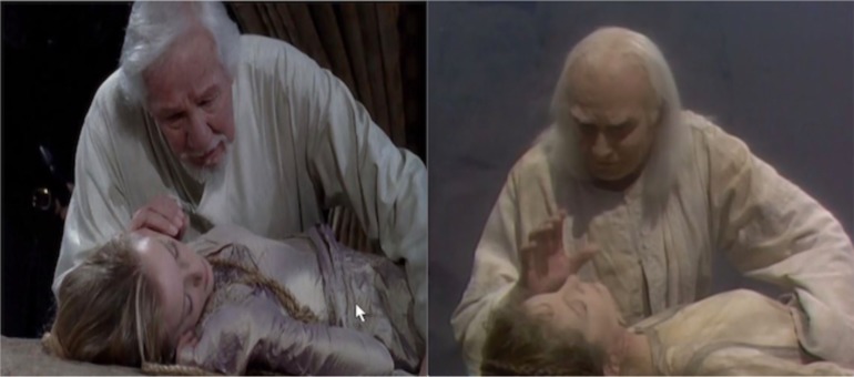 Charles/Lear and Sophie/Cordelia: Slings and Arrows: 2006 (left); Lear and Cordelia: Olivier's Lear: 1983 (right)