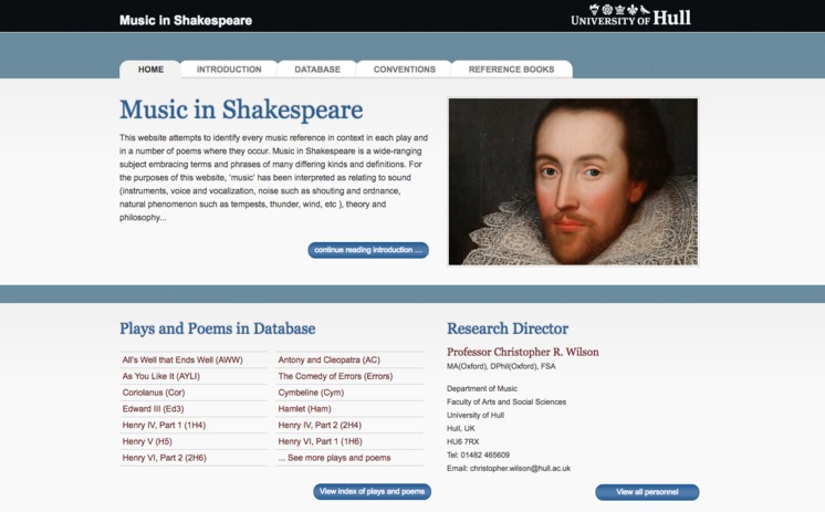 The Music in Shakespeare database home page.