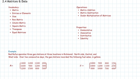 Thumbnail for entry Matrices &amp; Data:  Part a, Introduction