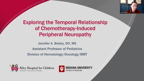 Thumbnail for entry IUSCCC Seminar 4/27/2023: “Investigating the temporal relationship of chemotherapy 
induced peripheral neuropathy in children and adolescents” Jenny Belsky, DO, MS 
Assistant Professor of Pediatrics and Lead of the Pediatric Lymphoma Team, Riley Hospital 