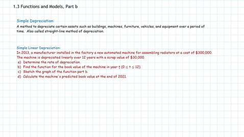Thumbnail for 1.3 Functions &amp; Models, Simple Depreciation