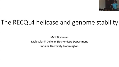 Thumbnail for IUSCCC Seminar 9/5/2024: “The RECQL4 heliacase and genome stability” Matt Bochman, PhD, Associate Professor, Molecular &amp; Cellular Biochemistry  Indiana University Bloomington
