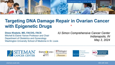 Thumbnail for IUSCCC Grand Rounds 5/3/2024: &quot;Targeting DNA Damage Repair with Epigenetic Drugs in  Ovarian Cancer&quot; Dineo Khabele, MD, FACOG, FACS, Mitchell &amp; Elaine Yanow Professor and Chair, Dept. of Obstetrics &amp; Gynecology Wash. Univ. School of Medicine