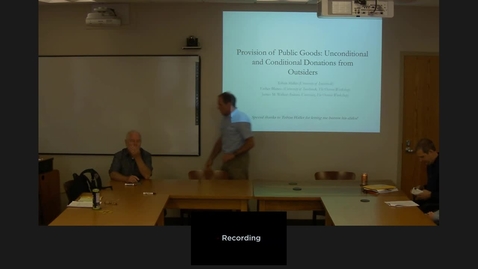Thumbnail for 09/26/16 Colloquium Series - Jimmy Walker: “Provision of Public Goods: Unconditional and Conditional Donations from Outsiders”