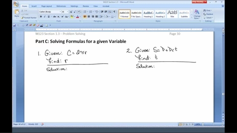 Thumbnail for entry M123 Section 1.3C Solving Formulas