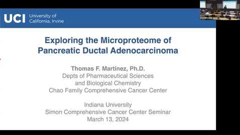 Thumbnail for IUSCCC Seminar 3/13/2025: &quot;Exploring the Microproteome of Pancreatic Ductal Adenocarcinoma&quot; Thomas Martínez, Ph.D. Assistant Professor of Pharmaceutical Sciences and Biological Chemistry, Chao Family Comprehensive Cancer Center