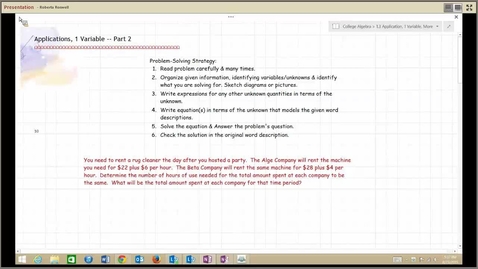 Thumbnail for entry B111 M123 College Algebra, Linear Applic, 1 Variable, Part 2, 1.3