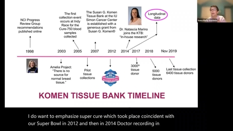 Thumbnail for entry IUSCCC Seminar Grand Rounds 1/28/2022: “The Komen Tissue Bank Nears Its Quinceanera: 
Is She Ready for Adulthood?” Anna Maria Storniolo, MD 
Andrew and Peggy Thomson Professor of Hematology Oncology, Professor of Clinical Medicine
IU School of Medicine
