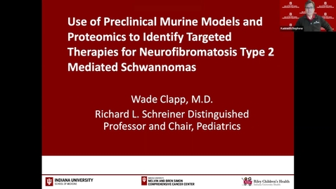 Thumbnail for entry IUSCCC Seminar Grand Rounds 2/18/2022: “Use of Preclinical Murine Models and Proteomics to Identify Targeted Therapies for Neurofibromatosis Type 2 Mediated Schwannomas” Wade Clapp, MD
Richard L. Schreiner Distinguished Professor and Chair, Pediatrics 
