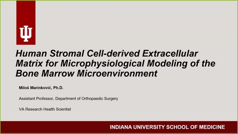 Thumbnail for IUSCCC Seminar 3/12/2026: “Human Stromal Cell-derived Extracellular Matrix for Microphysiological Modeling of the Bone Marrow Microenvironment “ Milos Marinkovic, PhD Assistant Professor, Department of Orthopaedic Surgery IU School of Medicine