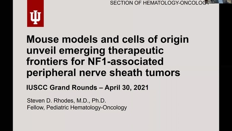 Thumbnail for entry IUSCCC Grand Rounds 4/30/2021: “Mouse models and cells of origin unveil emerging therapeutic frontiers for NF1-associated peripheral nerve sheath tumors”
Steven Rhodes, MD IUSM
