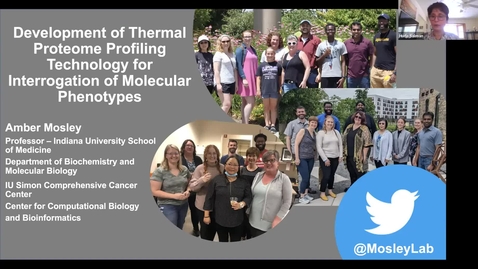 Thumbnail for entry IUSCCC Seminar 4/20/2023: “Development of Thermal Proteome Profiling Technology for Interrogation of Molecular Phenotypes”
Amber Mosley, PhD 
Professor of Biochemistry and Molecular Biology 
IUSM
