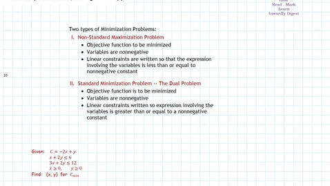 Thumbnail for entry Simplex Method, Minimization, Part a, Non-Standard Max